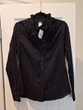 JCrew Factory - Cotton Black Ruffled Button-Up Long Sleeve Blouse - Medium NWT